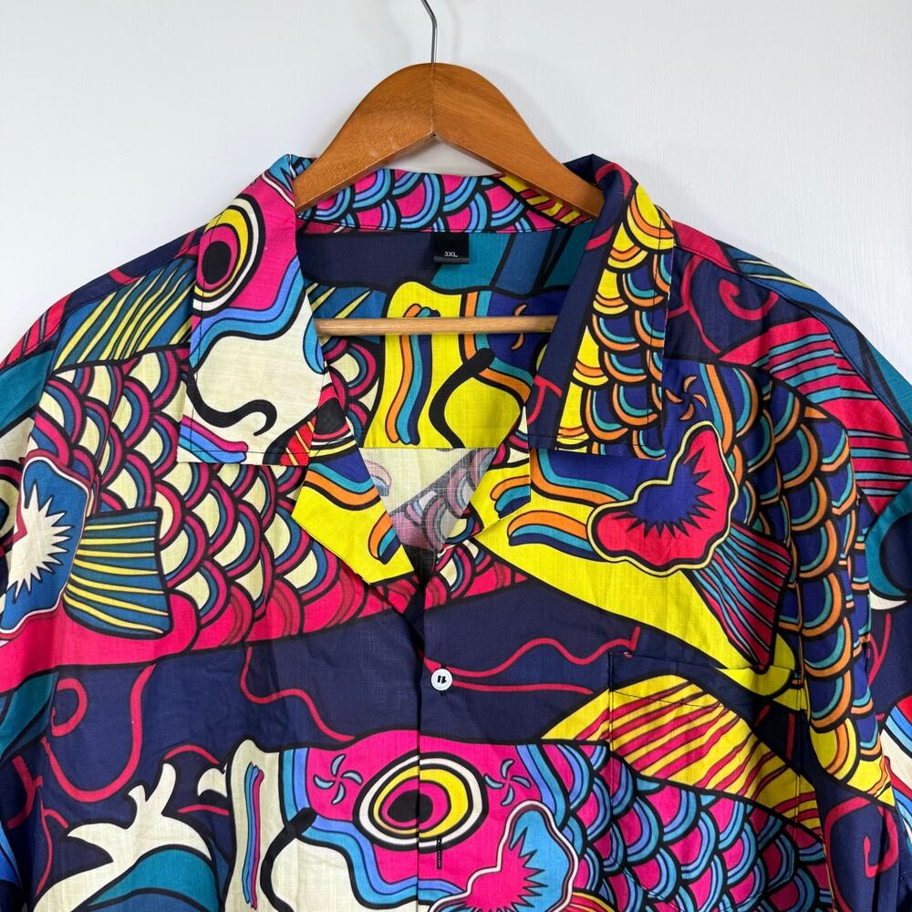 Japanese Koinobori Hawaiian Tropical Shirt Men's Size 3XL 100% Cotton Fish - Picture 9 of 16